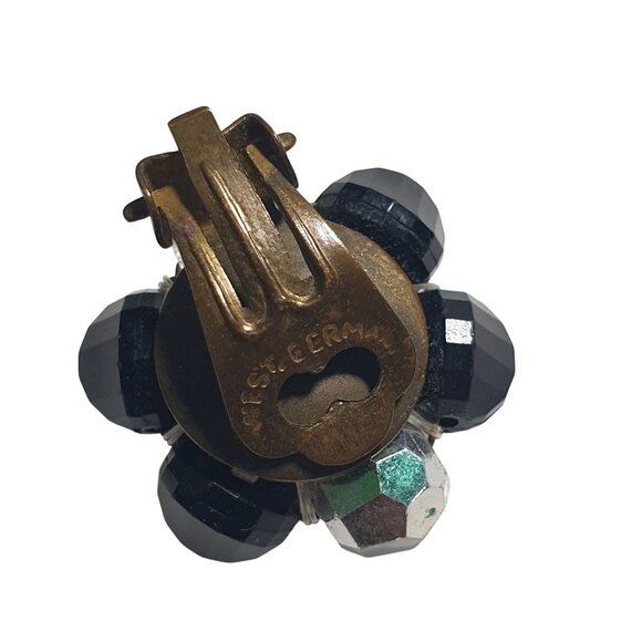 Vintage West Germany Aurora Borealis Black Beaded Clip On Earrings Floral Design - Picture 3 of 4